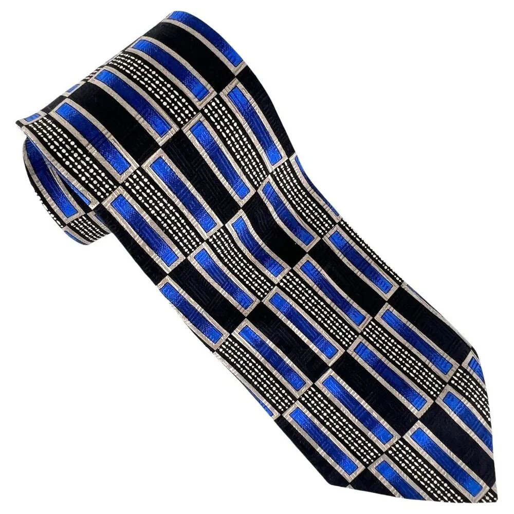 Louis Roth Mens Silk Tie Blue & Black Geometric Art Deco Pattern Hans Sewn Italy
